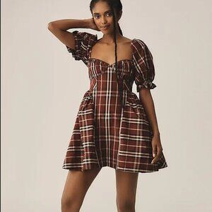 Maeve Plaid Puff Mini Dress Red Anthropologie Short Sleeve Sweetheart NWT XL